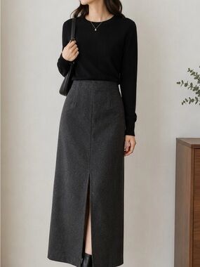 Esprit 90s Y2K Charcoal Minimalist Wool Midi Skirt with Front or Back Slit, 36